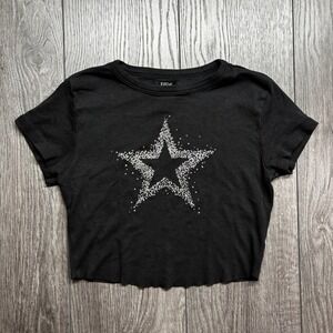 Social Collision Womens Small Vtg Black Glitter Star Graphic Crop Top Y2K Cotton